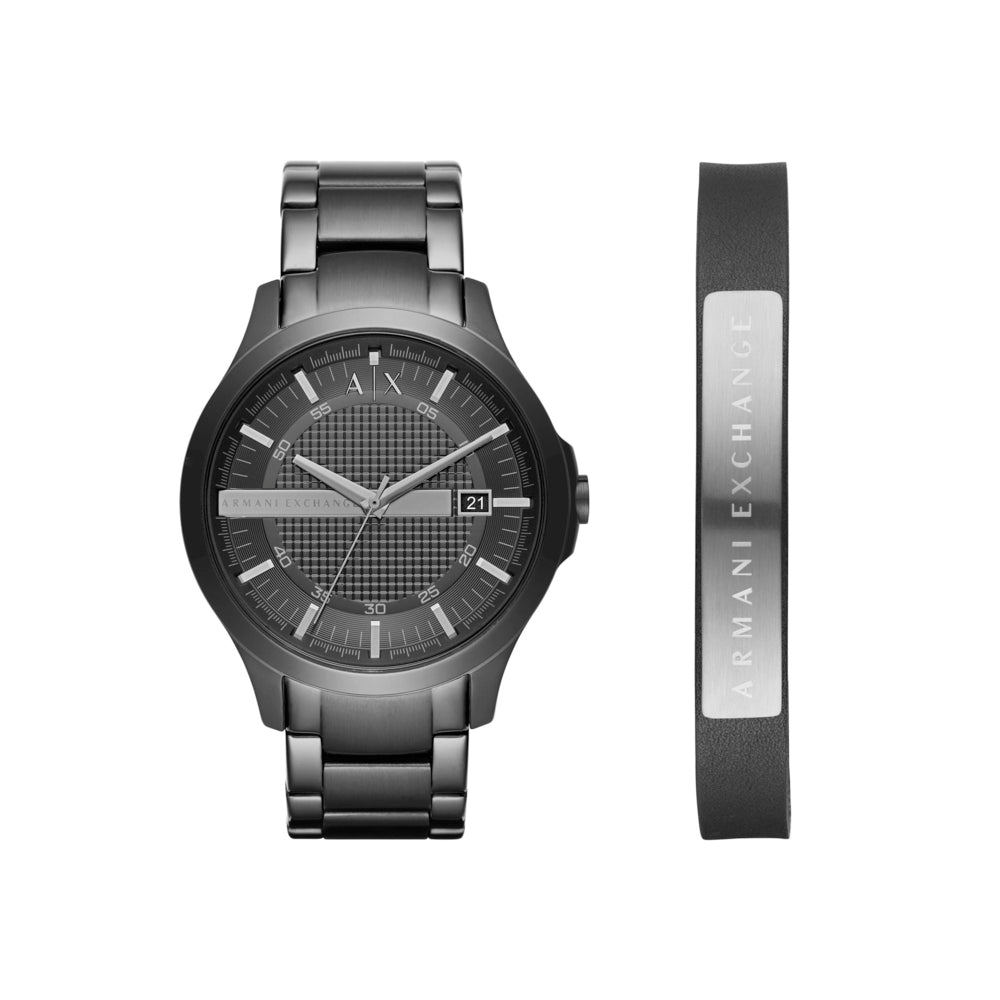 Three-Hand Date Black Stainless Steel Watch and Bracelet Gift Set