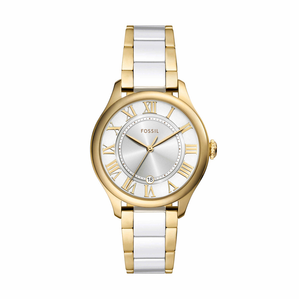Gilmore Three-Hand Date Gold-Tone and White Ceramic