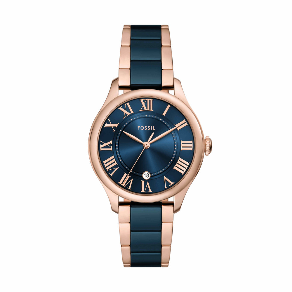 Gilmore Three-Hand Date Rose Gold-Tone and Navy Ceramic