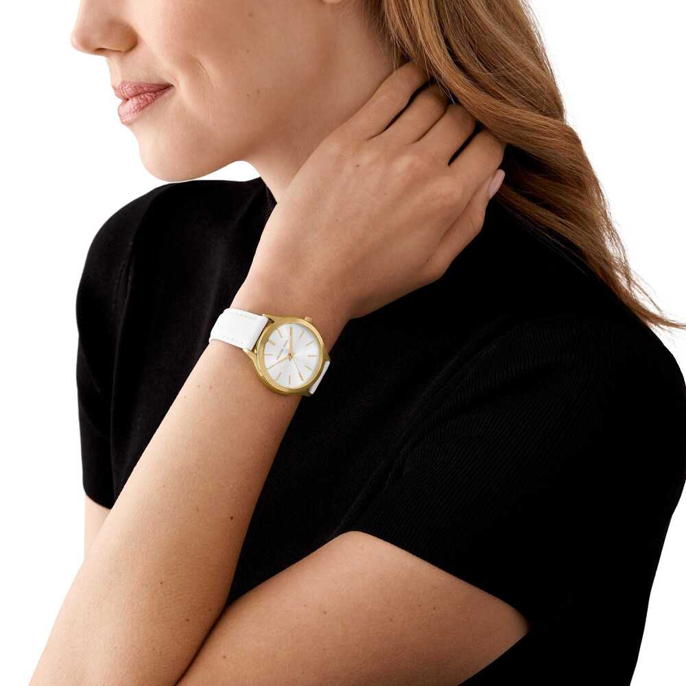 Slim Runway Three-Hand White Leather Watch