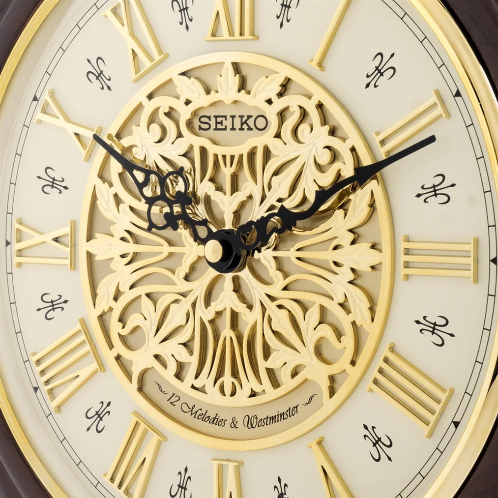 Oak Wood Musical with Ornamental Dial and Roman Numerals