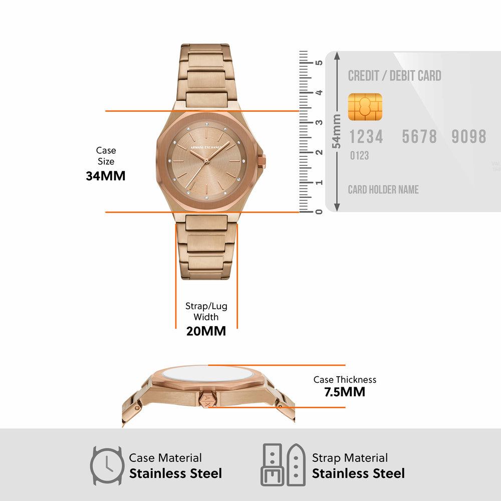 Three-Hand Beige Gold-Tone Stainless Steel Watch