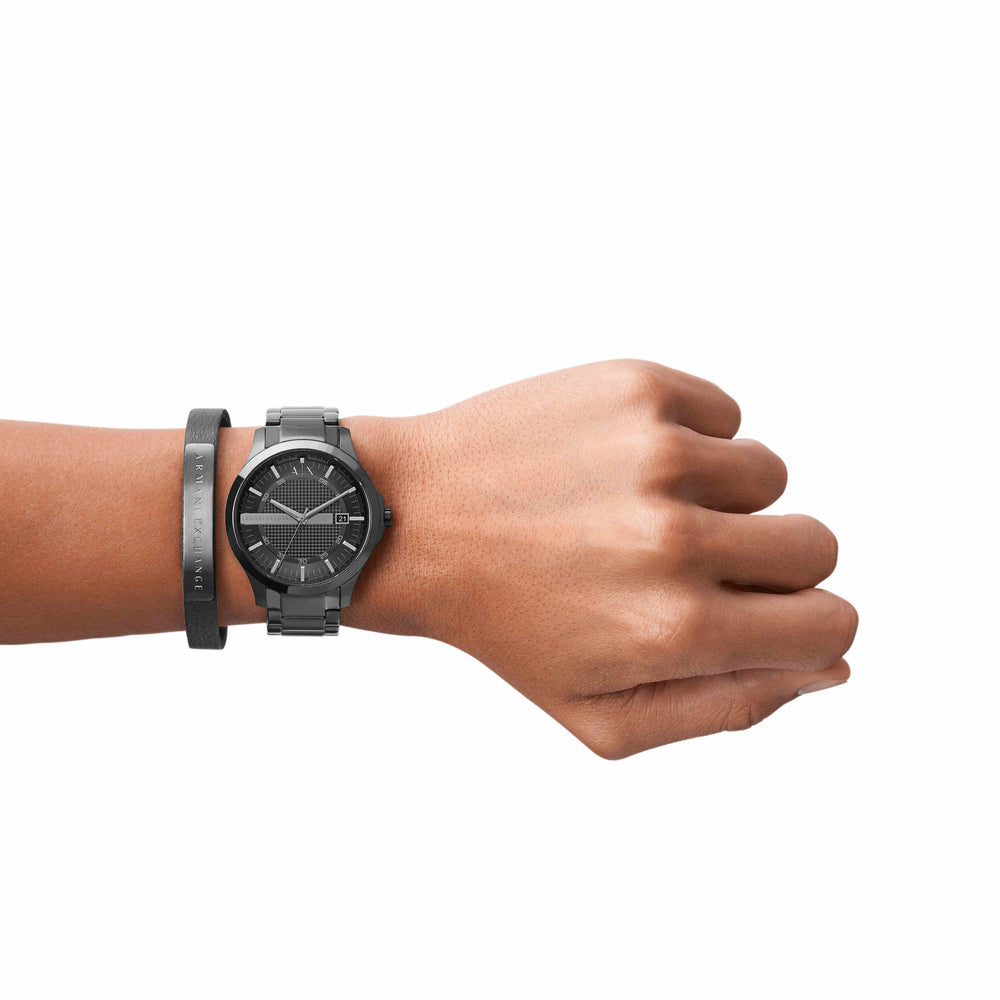 Three-Hand Date Black Stainless Steel Watch and Bracelet Gift Set