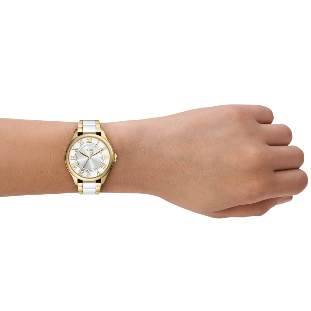 Gilmore Three-Hand Date Gold-Tone and White Ceramic