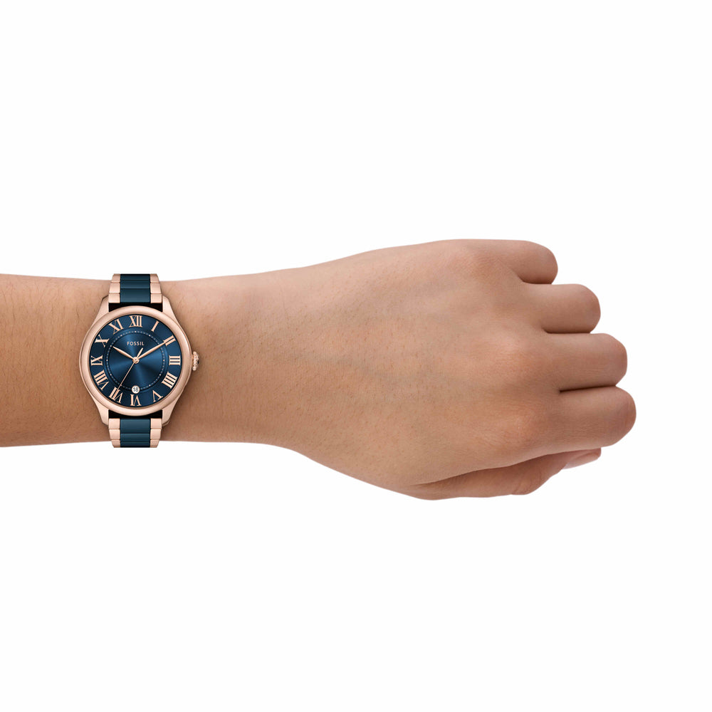 Gilmore Three-Hand Date Rose Gold-Tone and Navy Ceramic
