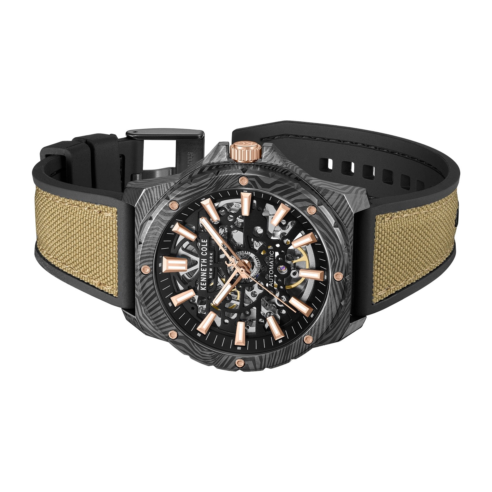 Automatic Analog Black Dial Tan Silicon Strap Watch