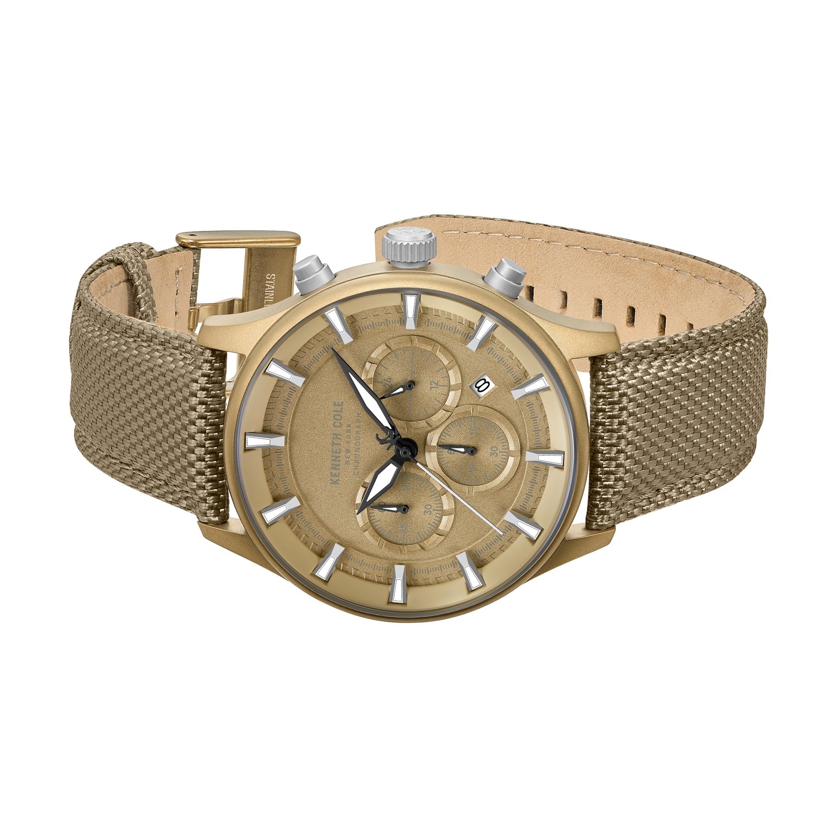 kenneth cole quartz chronograph khaki dial brown nylon strap watch kcwgo0058403mnw